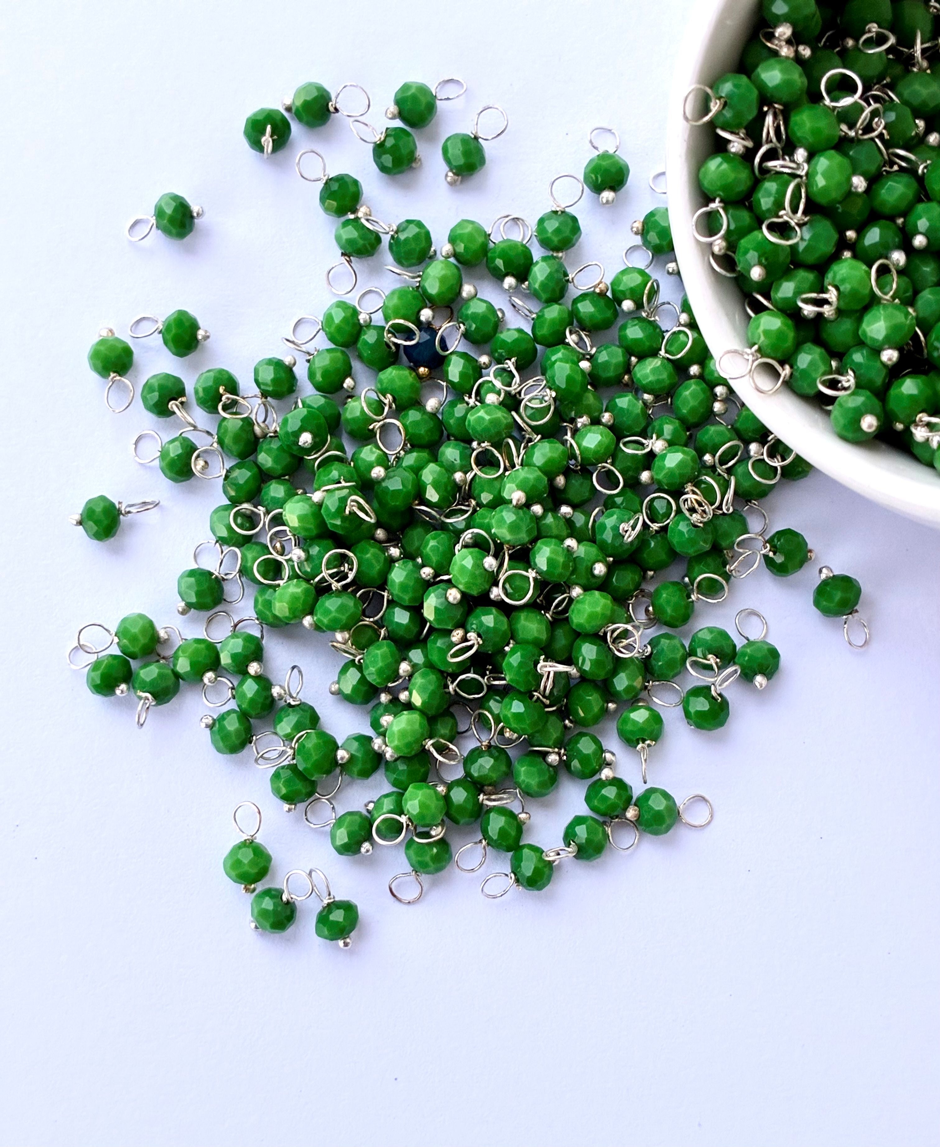Faceted Kelly Green Bead Charms with Silver Wire