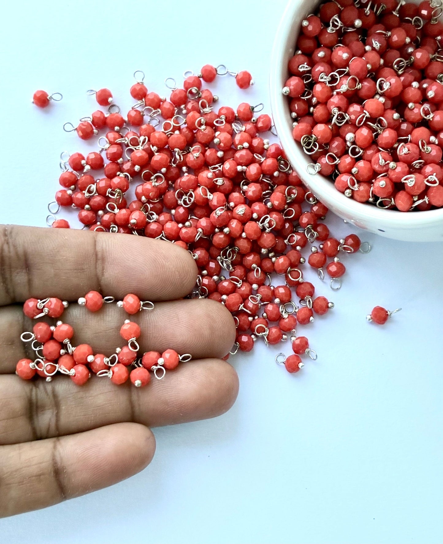 Faceted Coral Bead Charms with Silver Wire