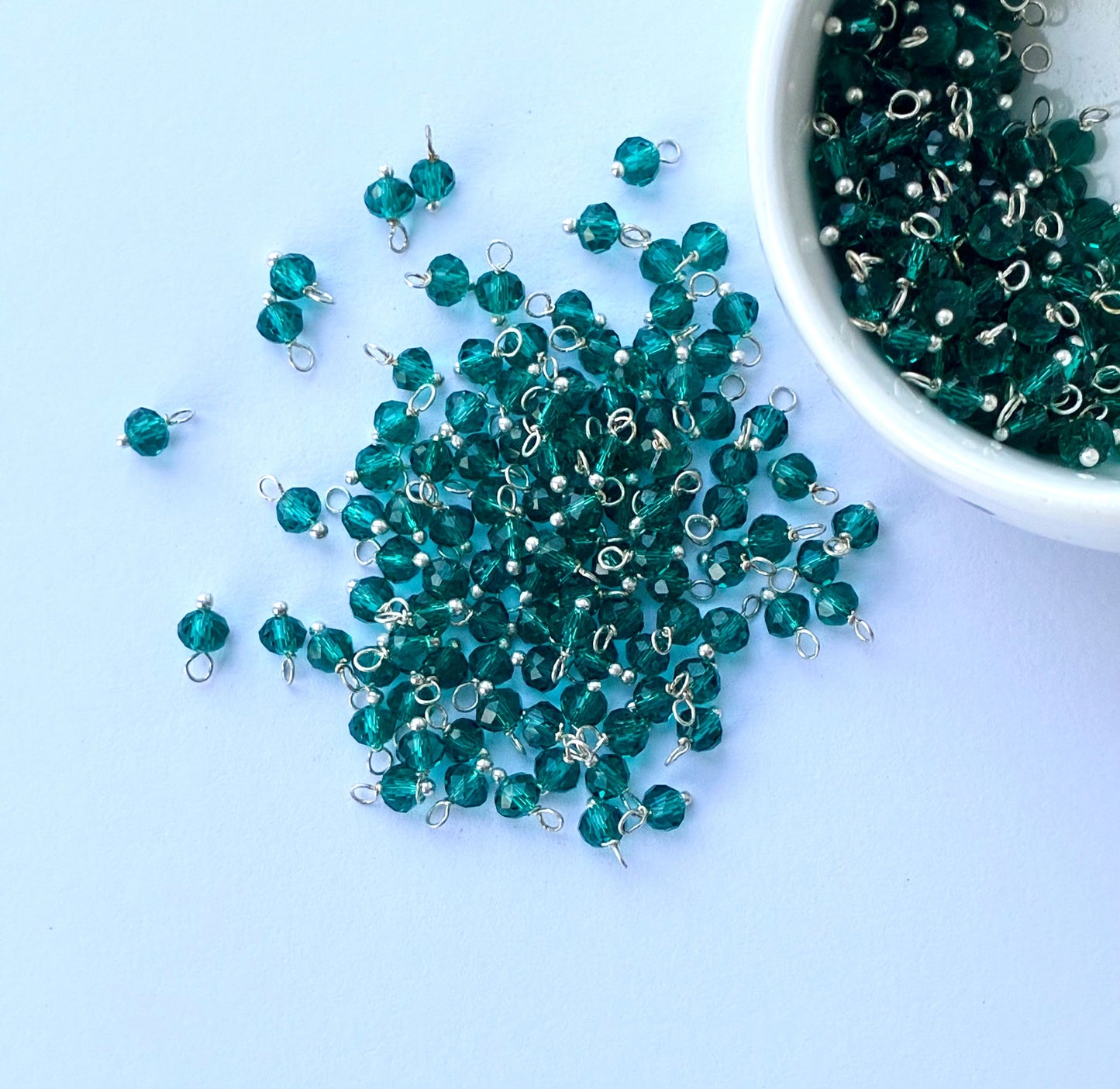 Faceted Transparent Teal Bead Charms with Silver Wire