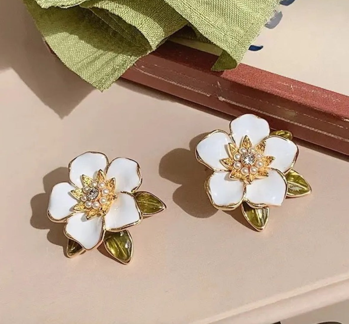 Gold and Enamel White Flower Stud Earrings
