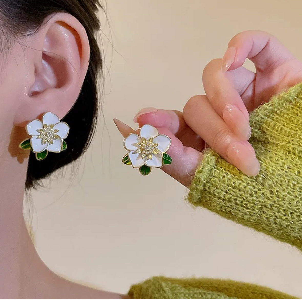 Gold and Enamel White Flower Stud Earrings
