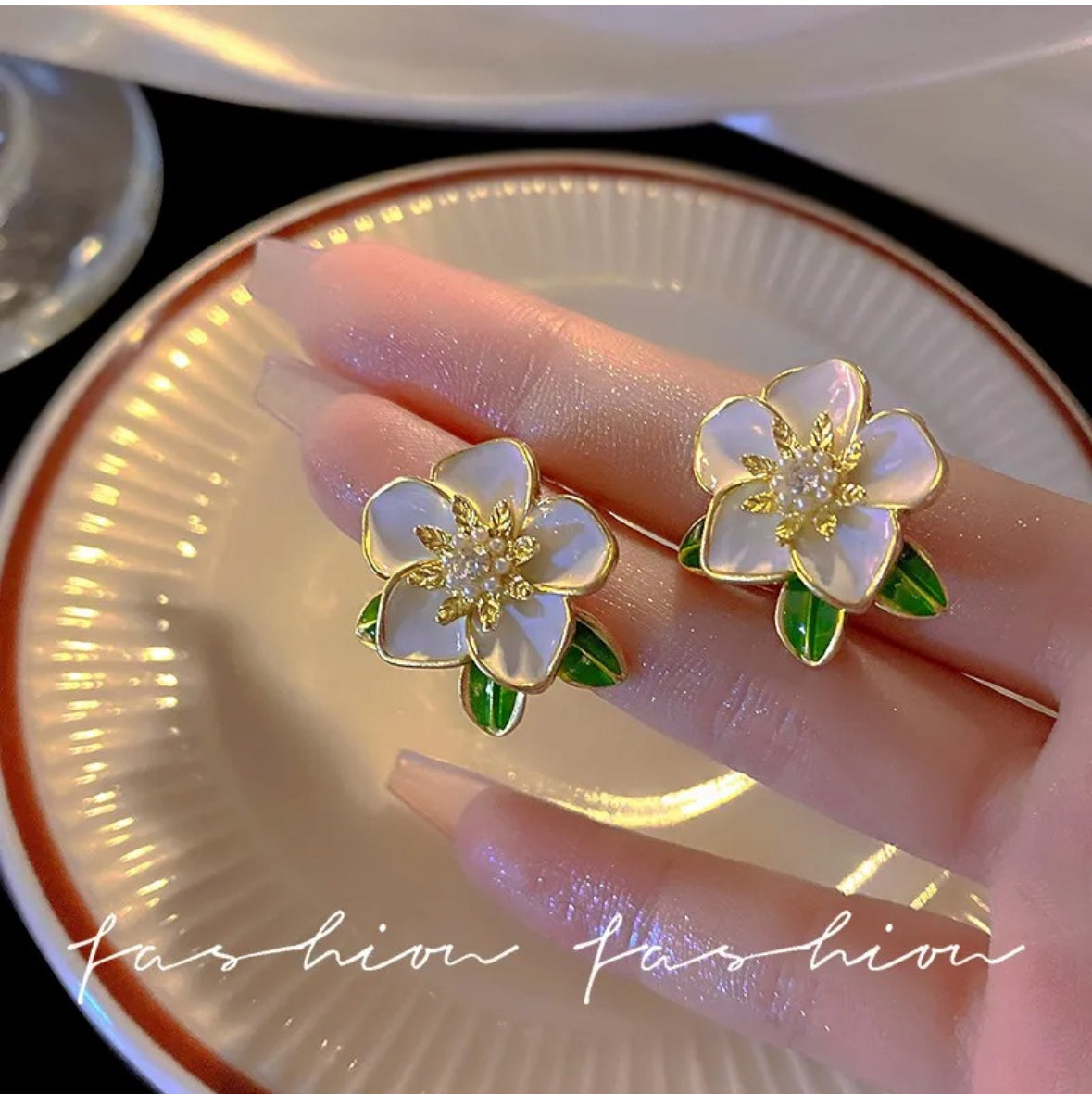 Gold and Enamel White Flower Stud Earrings