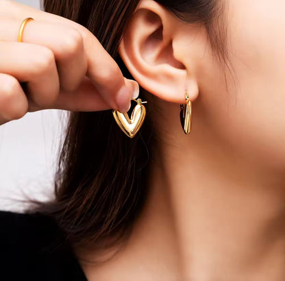 Chunky and Puffy Gold Heart Hoop Earrings