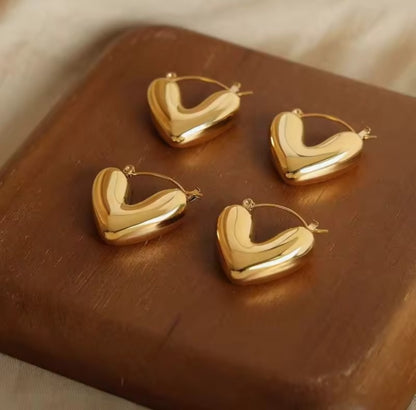 Chunky and Puffy Gold Heart Hoop Earrings