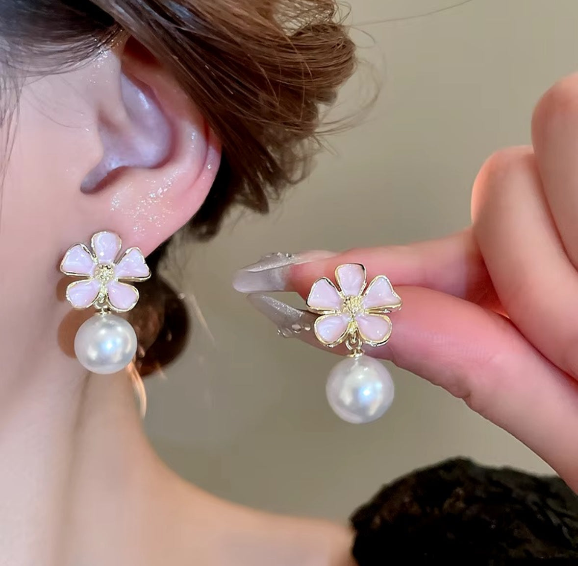 Pink Flower Pearl Drop Earrings