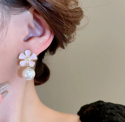 Pink Flower Pearl Drop Earrings