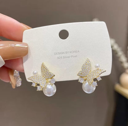 Korean Fashion Crystal Butterfly Earrings with Pearl Drop