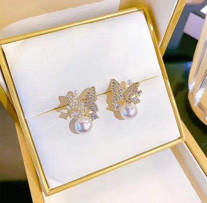 Korean Fashion Crystal Butterfly Earrings with Pearl Drop