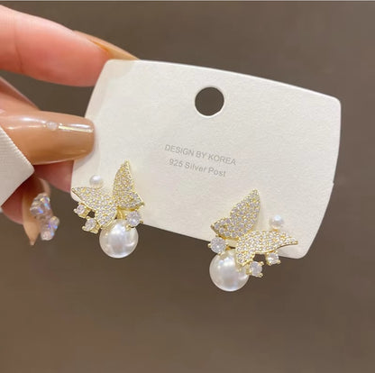 Korean Fashion Crystal Butterfly Earrings with Pearl Drop