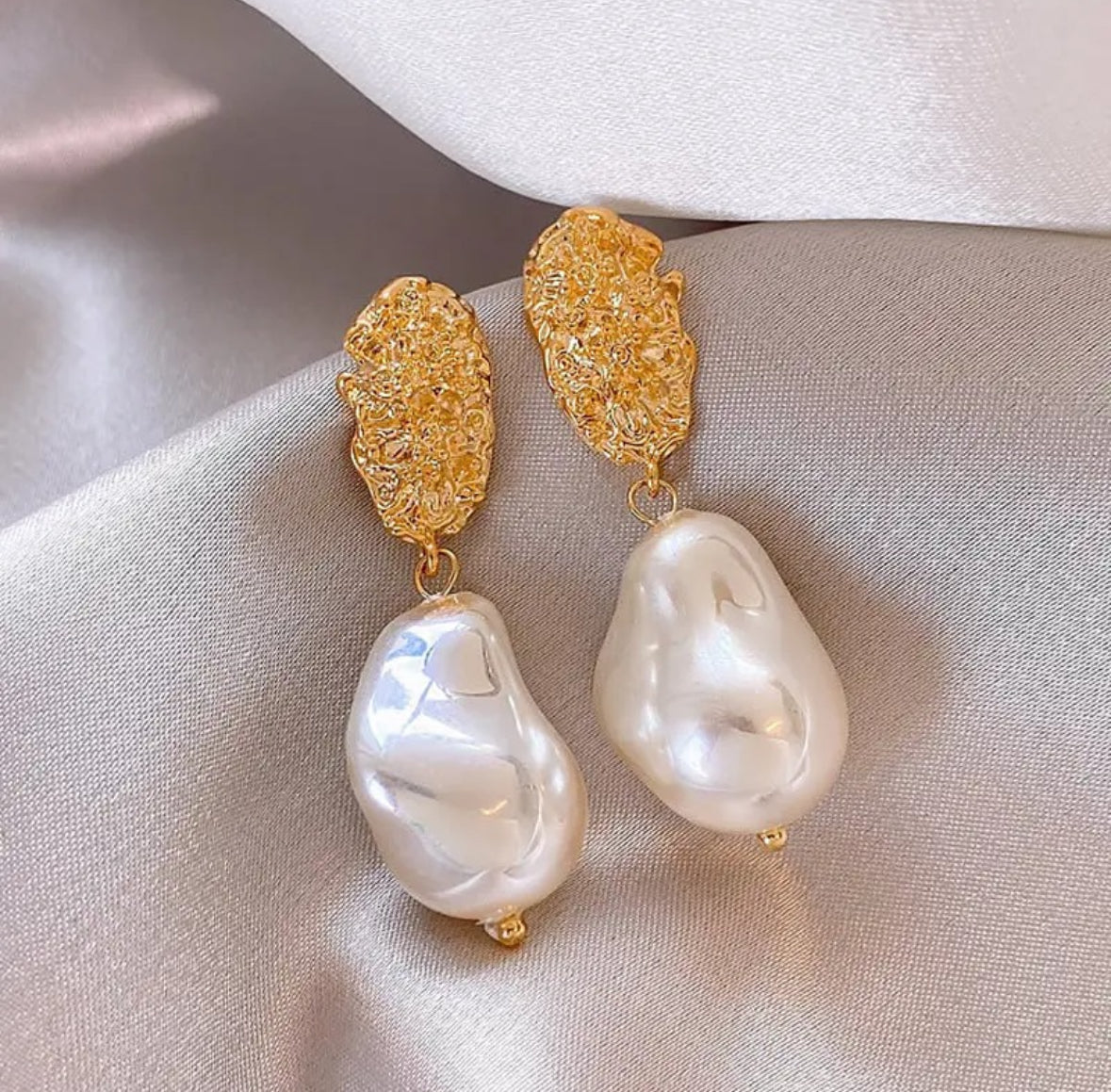 Textured Gold and Baroque Pearl Drop Earrings