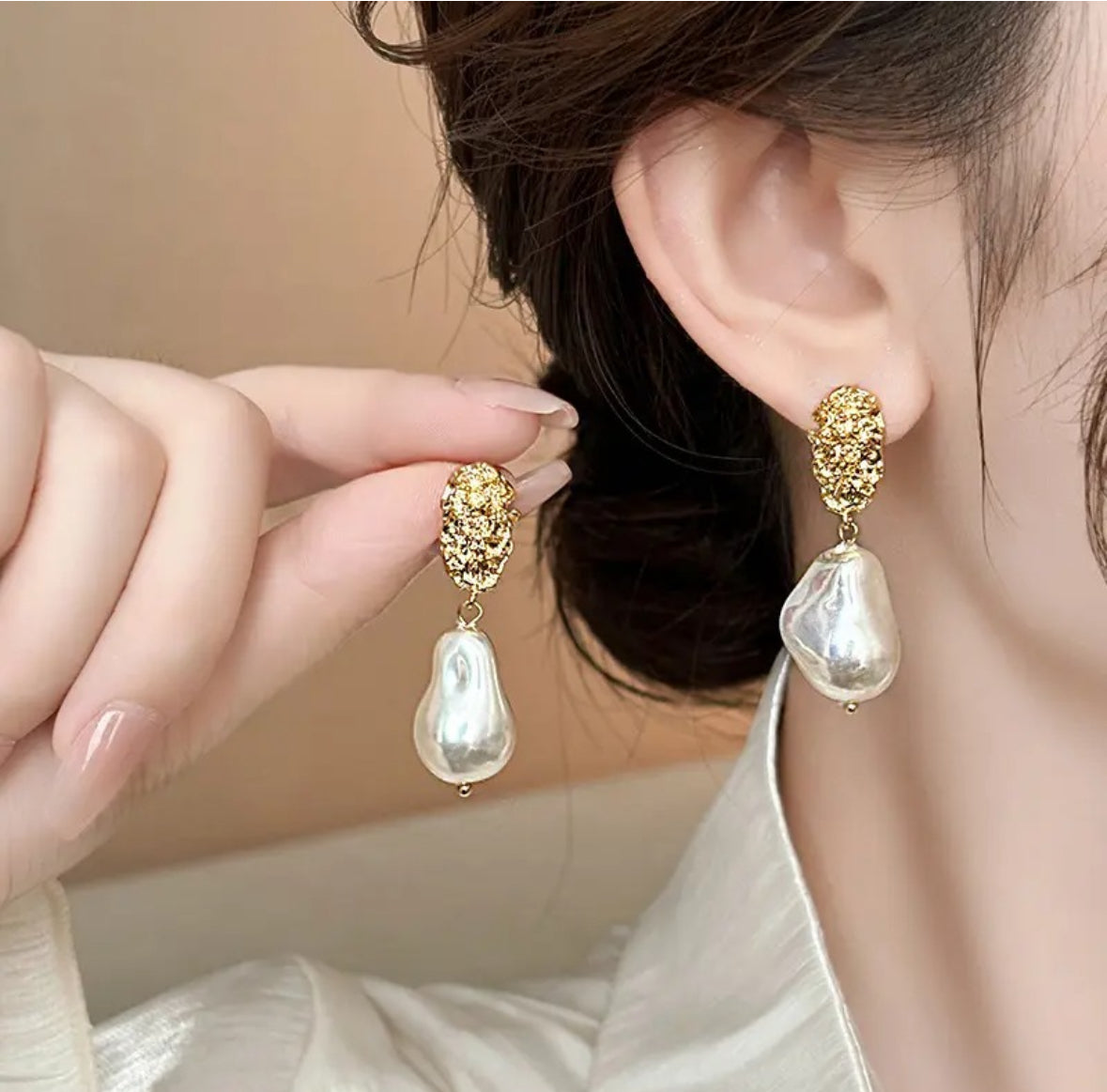 Textured Gold and Baroque Pearl Drop Earrings