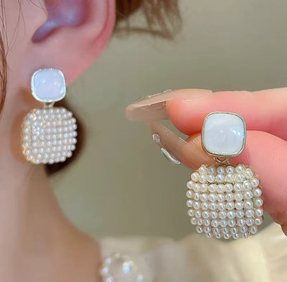 Square Pearl Cluster Drop Earrings