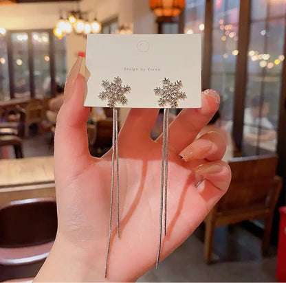 Crystal Snowflake Tassel Earrings