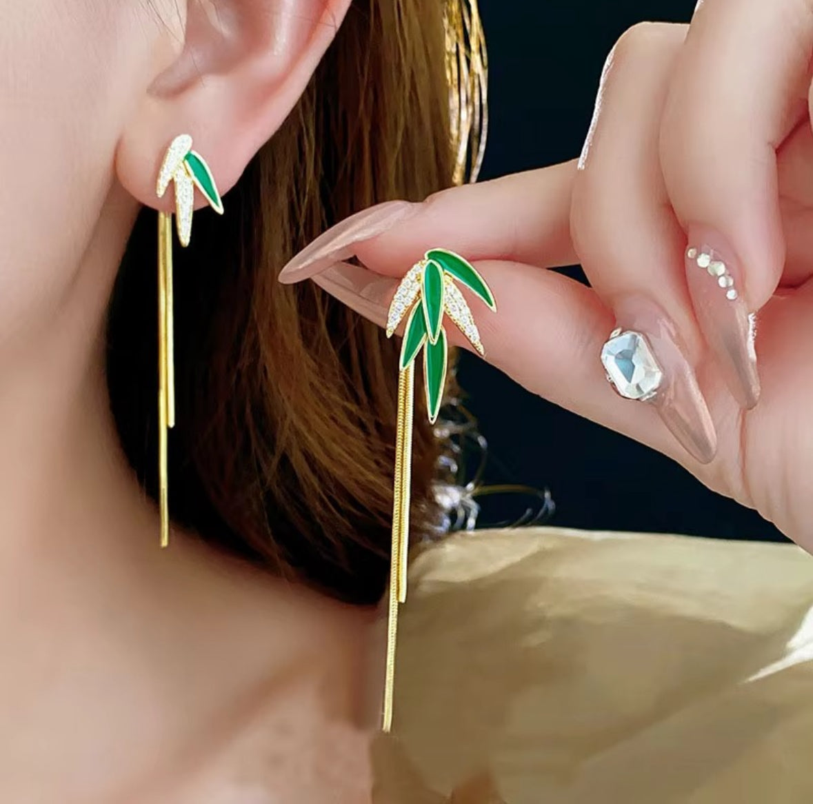 Green Enamel Leaf Tassel Earrings