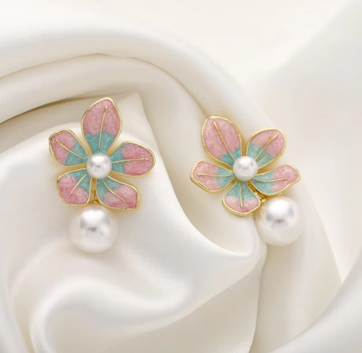 Enamel Flower Pearl Drop Earrings