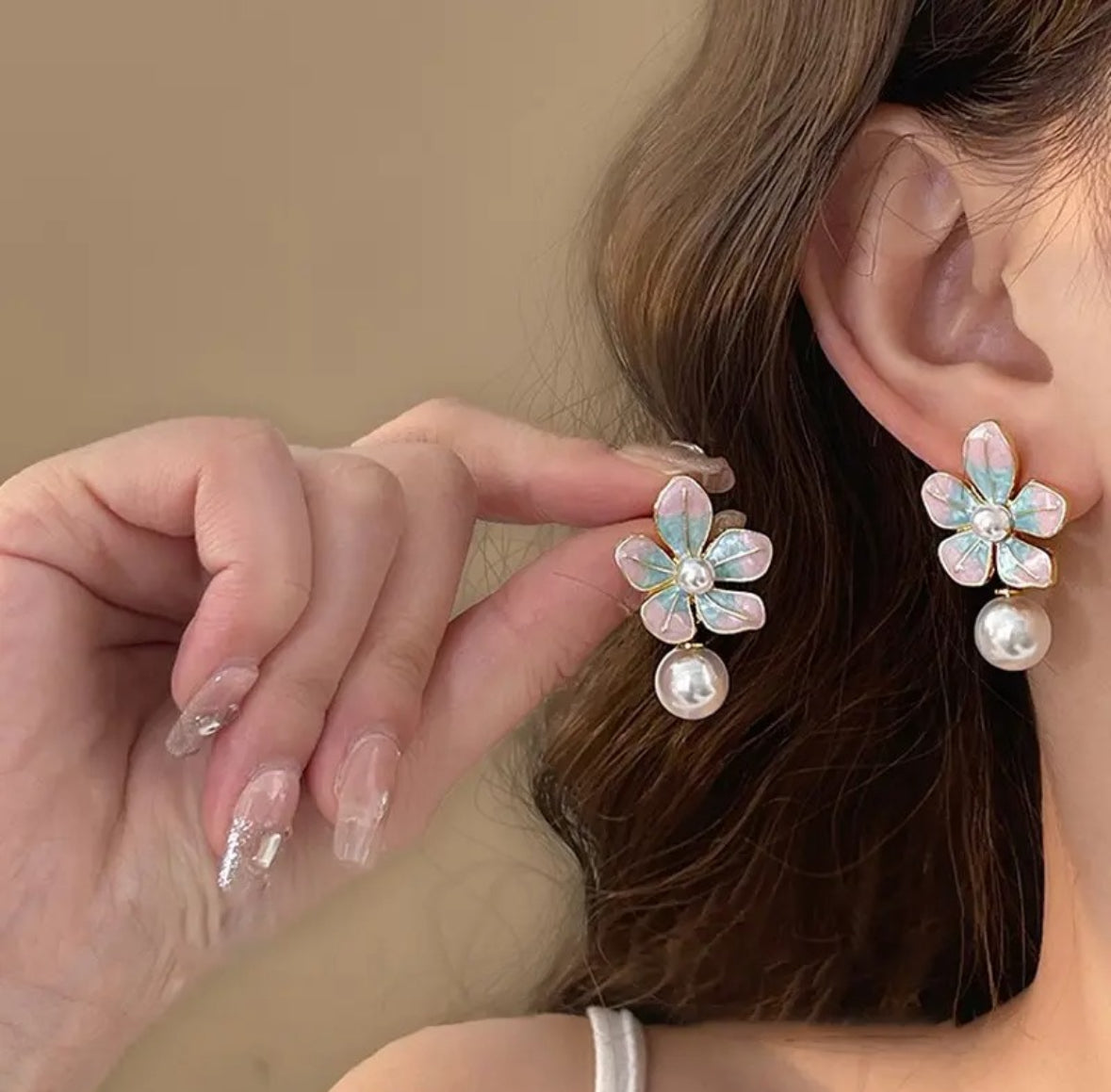 Enamel Flower Pearl Drop Earrings