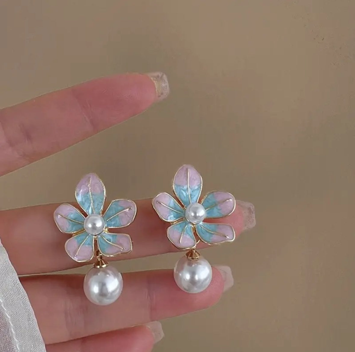 Enamel Flower Pearl Drop Earrings