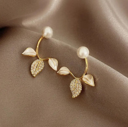 Delicate Enamel Leaf and Pearl Stud Earrings