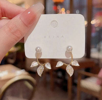 Delicate Enamel Leaf and Pearl Stud Earrings