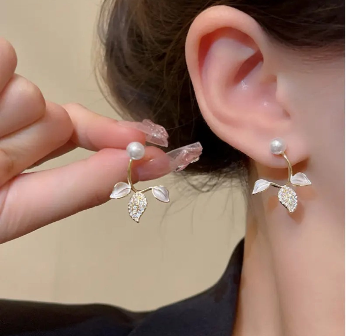 Delicate Enamel Leaf and Pearl Stud Earrings