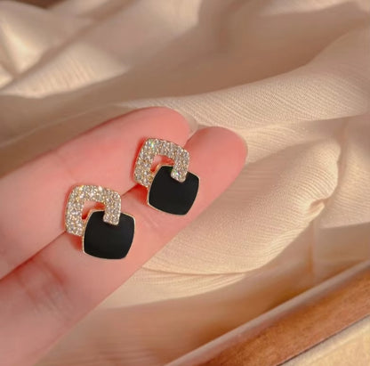 Geometric Black Enamel and Crystal Stud Earrings