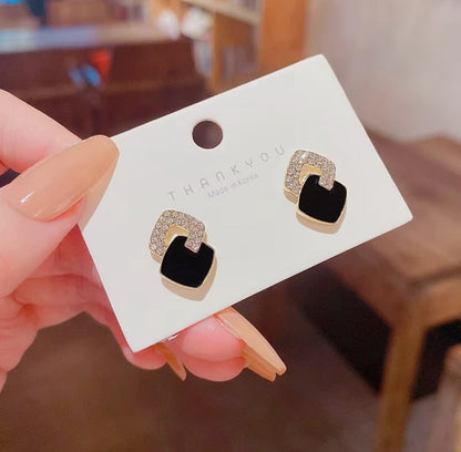 Geometric Black Enamel and Crystal Stud Earrings