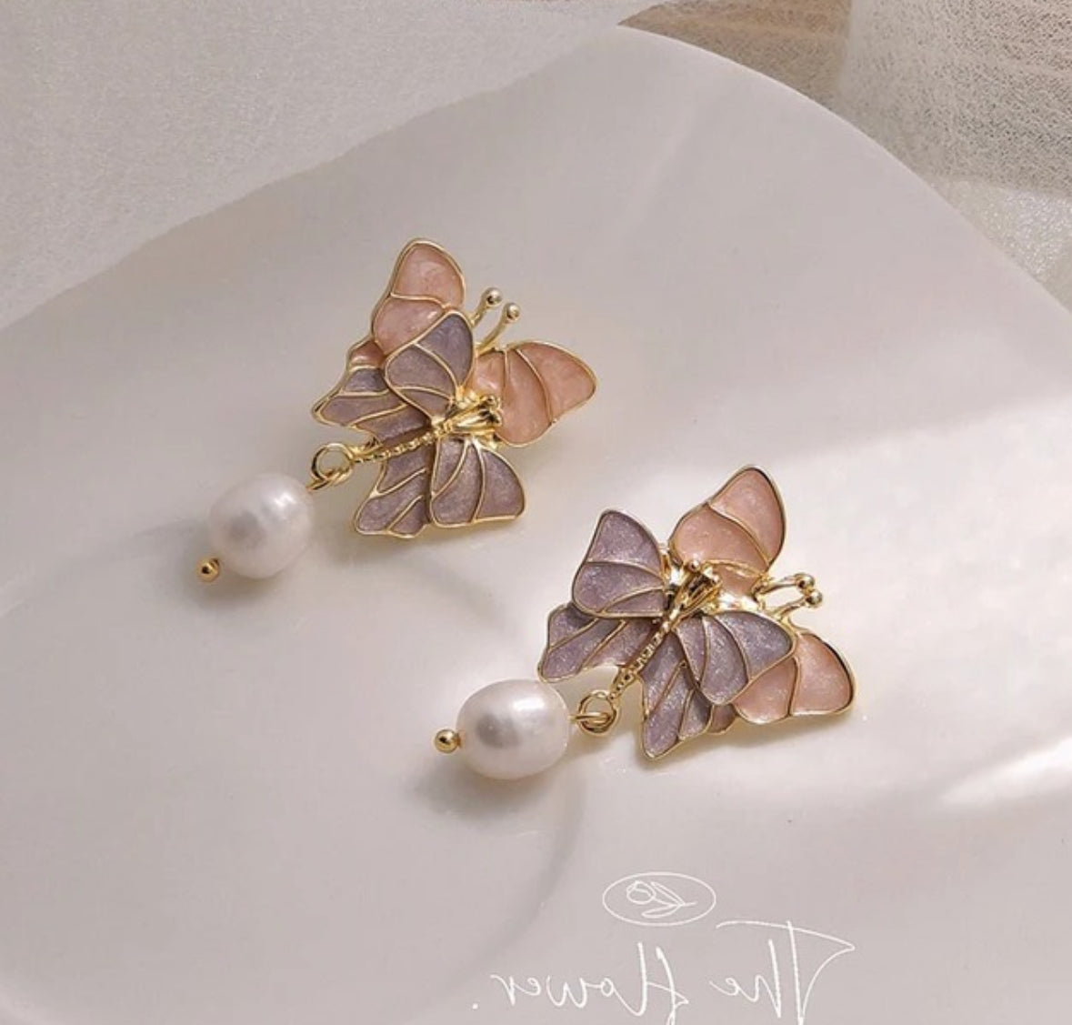 Enamel Butterfly Pearl Drop Earrings