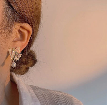 Enamel Butterfly Pearl Drop Earrings