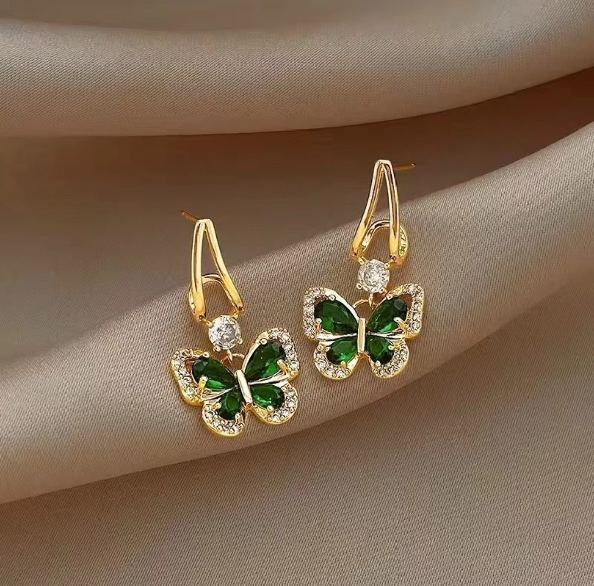 Crystal and Green Butterfly Drop Earrings
