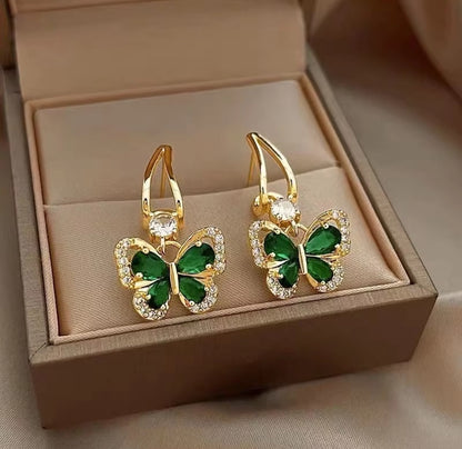 Crystal and Green Butterfly Drop Earrings