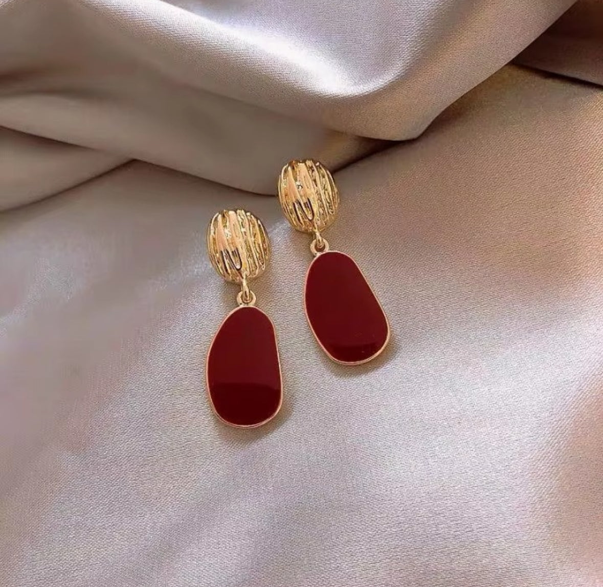 Textured Gold and Burgundy Stone Drop Earrings