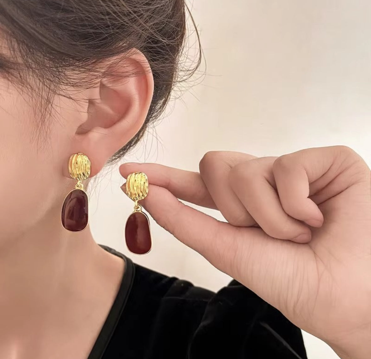 Textured Gold and Burgundy Stone Drop Earrings