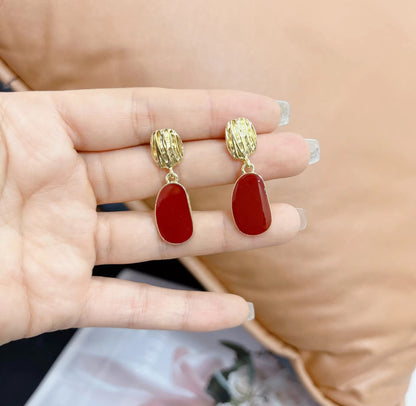 Textured Gold and Burgundy Stone Drop Earrings