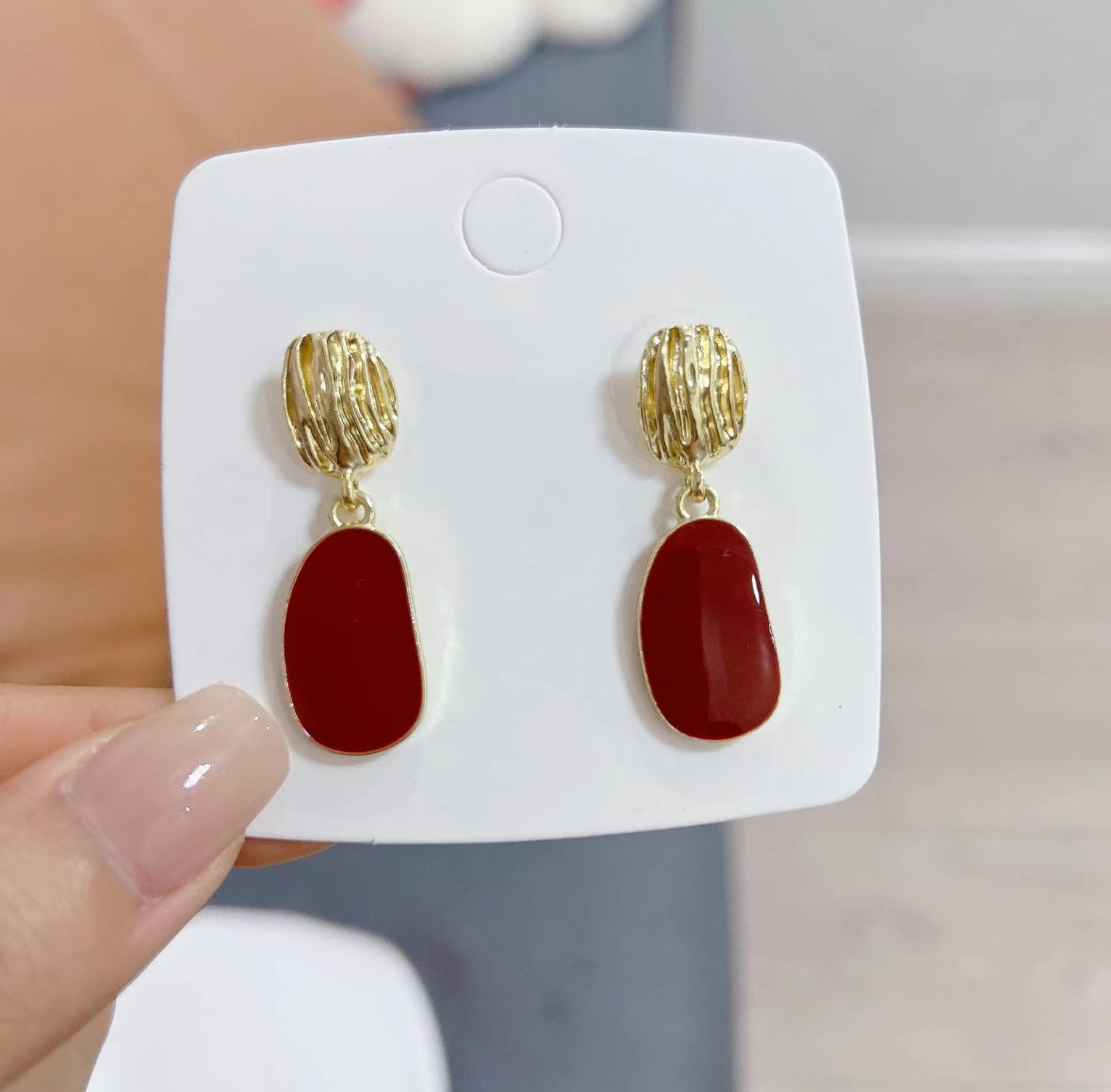 Textured Gold and Burgundy Stone Drop Earrings
