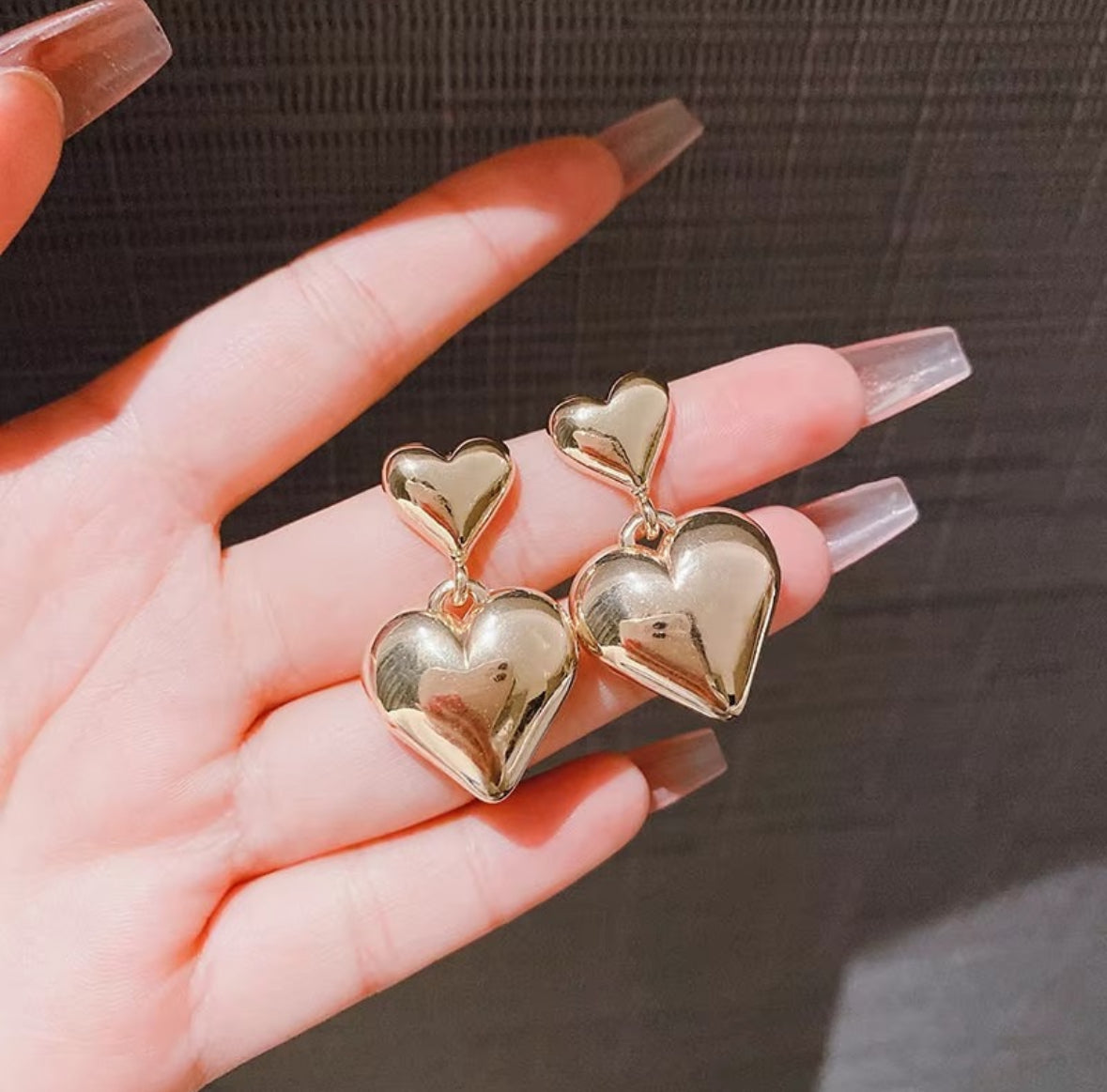 Chunky Puffy Gold Heart Drop Earrings