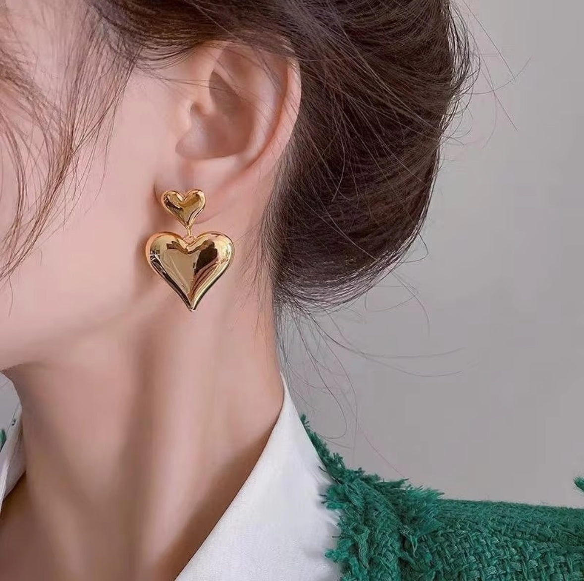 Chunky Puffy Gold Heart Drop Earrings