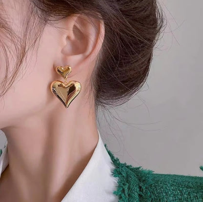 Chunky Puffy Gold Heart Drop Earrings