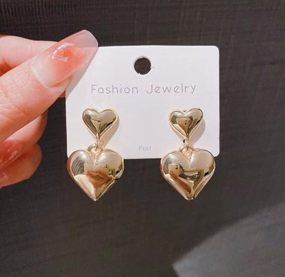 Chunky Puffy Gold Heart Drop Earrings