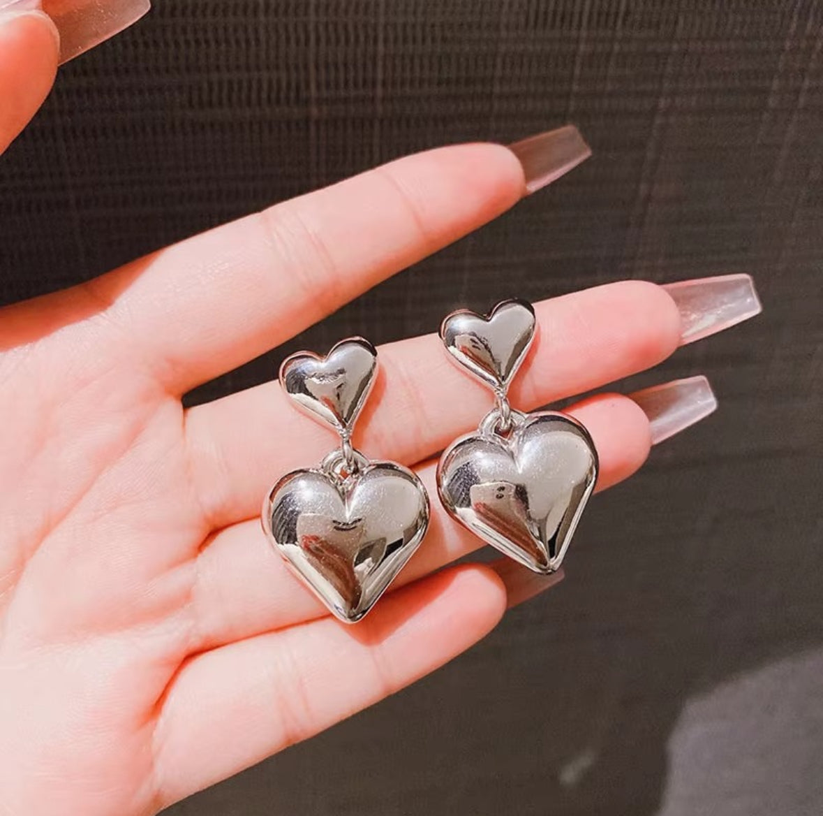 Chunky Puffy Silver Heart Drop Earrings