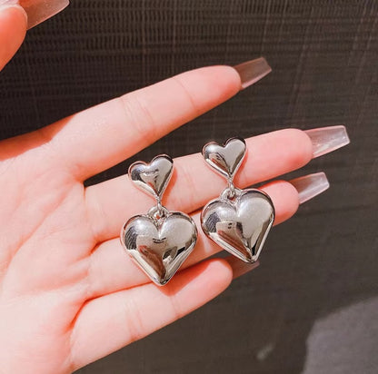 Chunky Puffy Silver Heart Drop Earrings