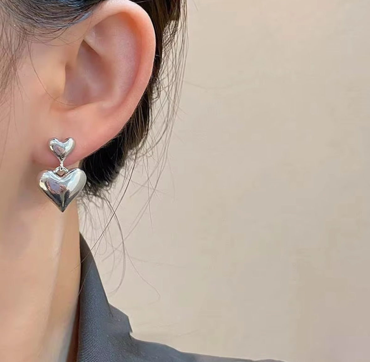 Chunky Puffy Silver Heart Drop Earrings