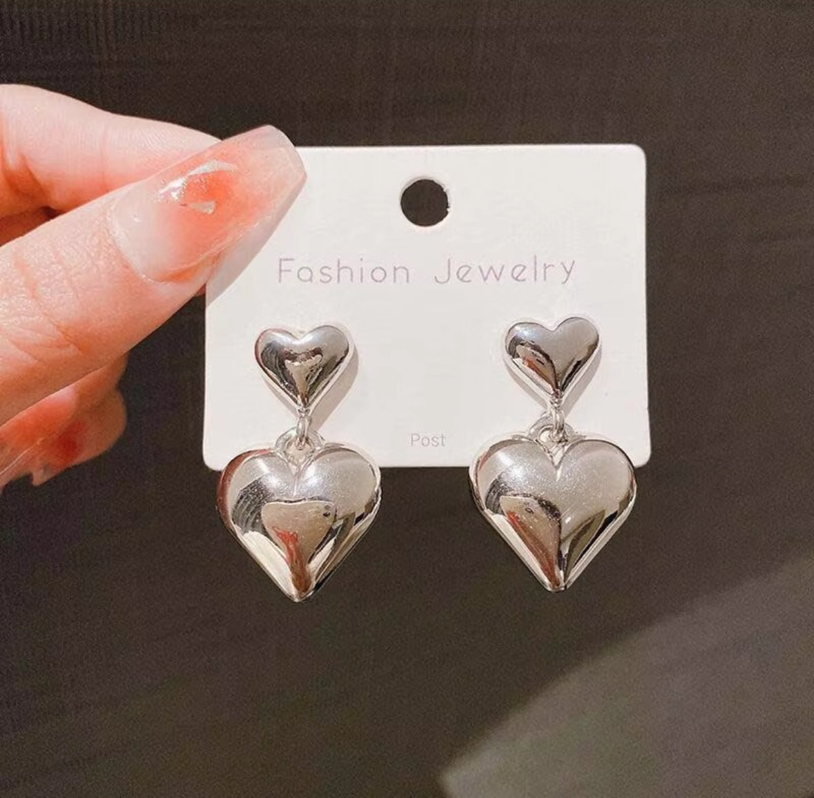 Chunky Puffy Silver Heart Drop Earrings