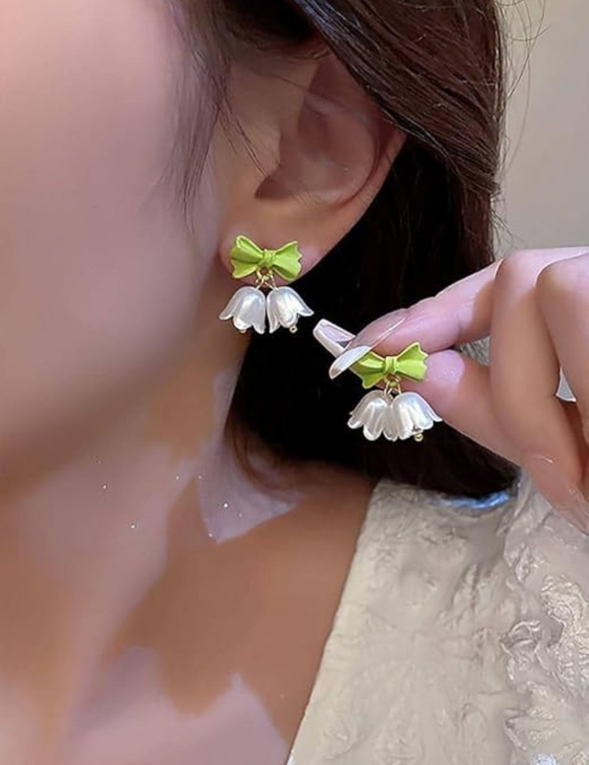 Lily of the Valley and Bow Drop Earrings