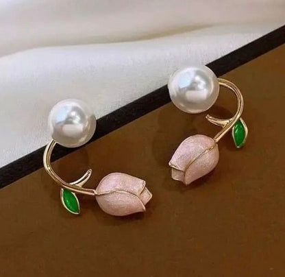 Asymmetrical Tulip and Pearl Earrings
