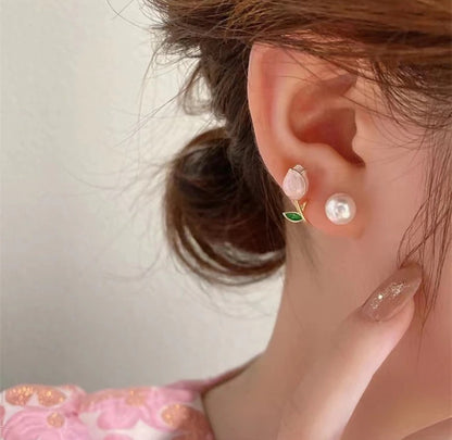 Asymmetrical Tulip and Pearl Earrings