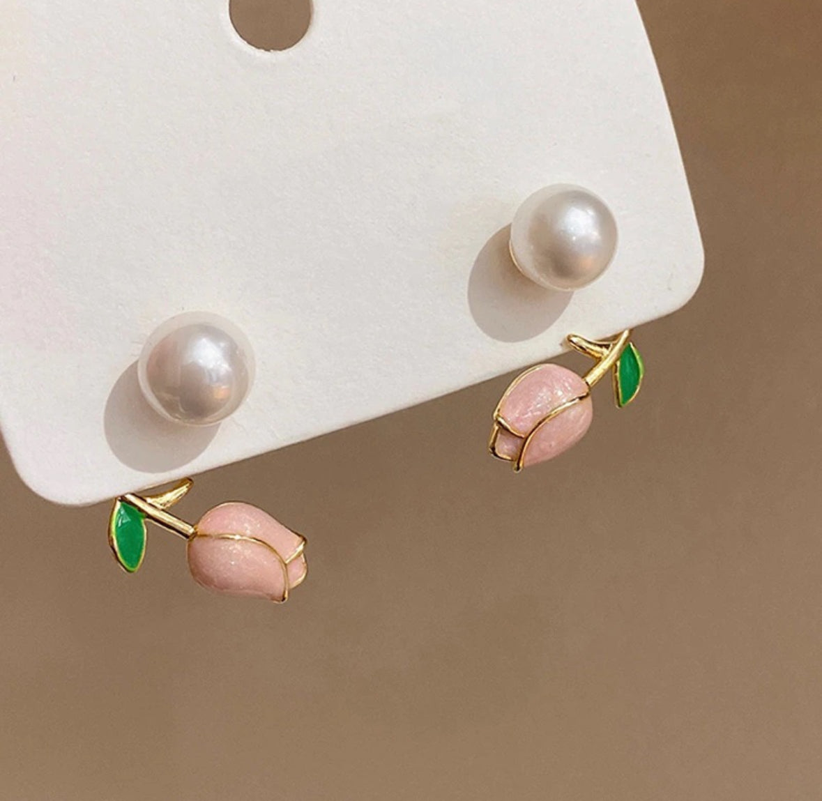 Asymmetrical Tulip and Pearl Earrings
