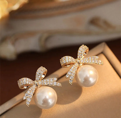Pearl and Pavé Bow Stud Earrings