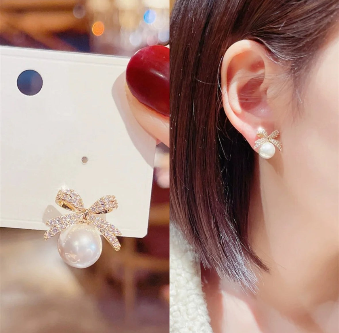 Pearl and Pavé Bow Stud Earrings