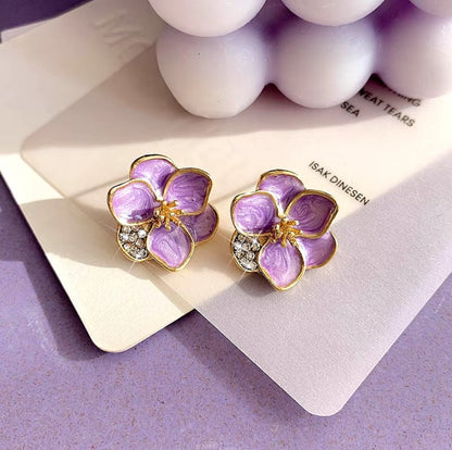 Lilac Flower Stud Earrings with Crystals