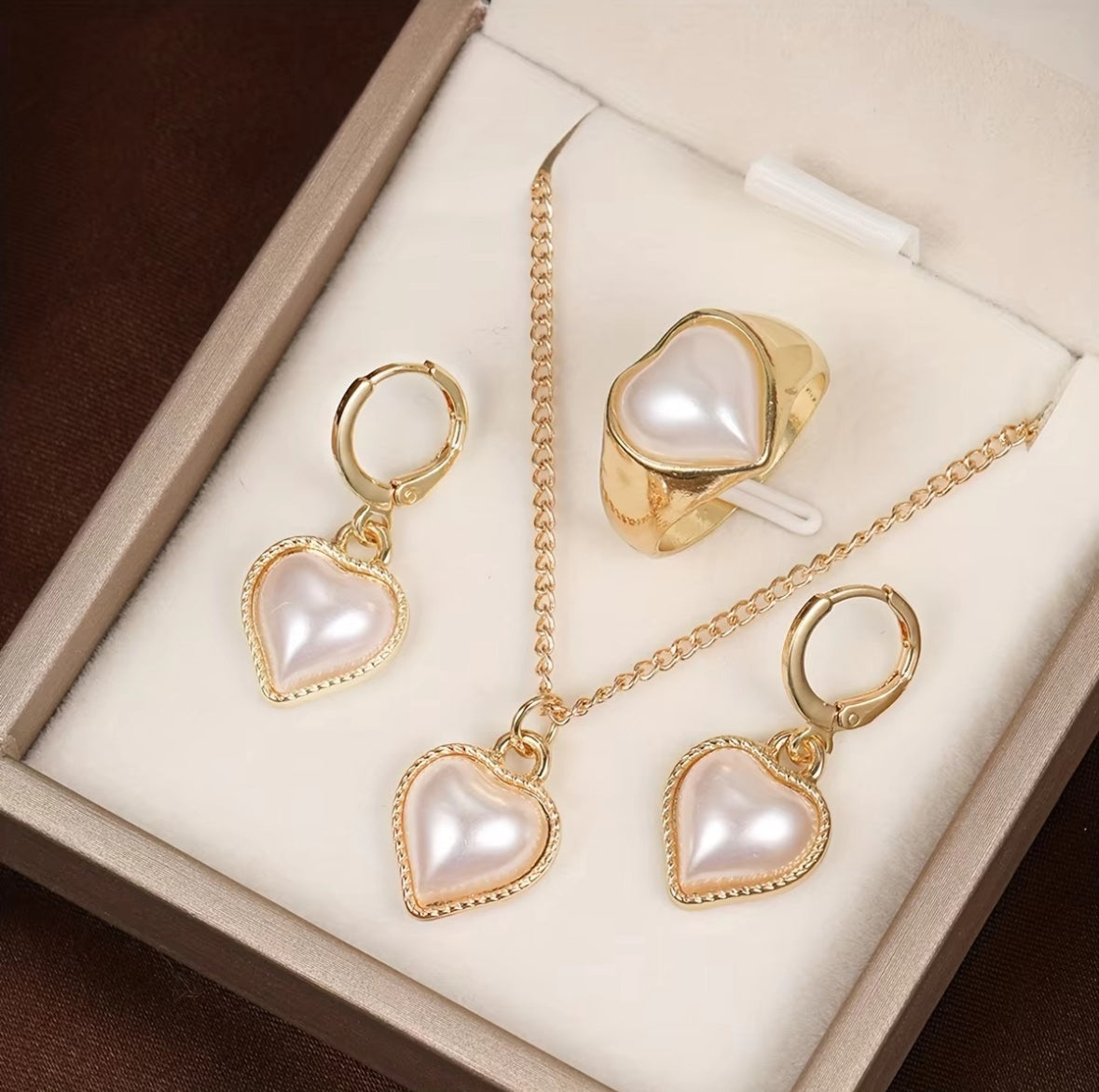 Pearl Heart Jewelry Set - Necklace, Earrings, and Finger Ring